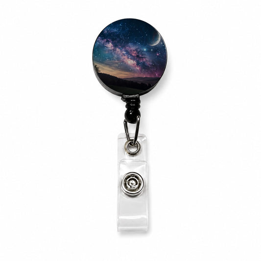 Galaxy Night Sky Crescent Moon Retractable ID Key Card Name Tag Badge Holder with Clip