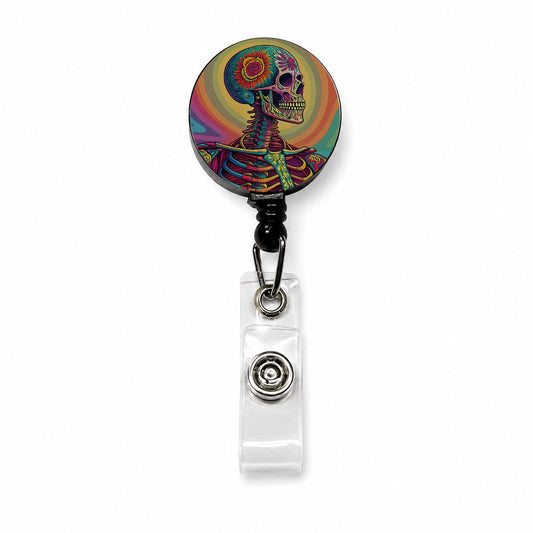 Halloween Psychedelic Skeleton Retractable ID Key Card Name Tag Badge Holder with Clip