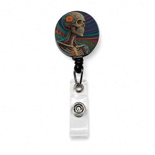Halloween Rainbow Skeleton Psychedelic Retractable ID Key Card Name Tag Badge Holder with Clip