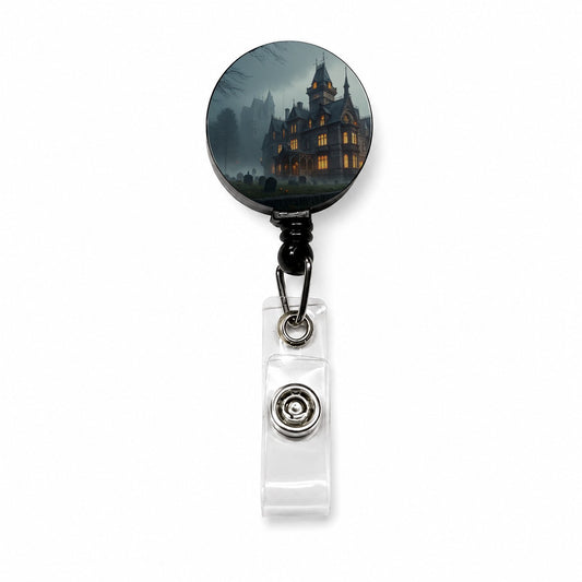 Haunted Victorian Mansion Halloween Retractable ID Key Card Name Tag Badge Holder with Clip