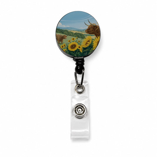Highland Cows Sunflowers Field Retractable ID Key Card Name Tag Badge Holder with Clip