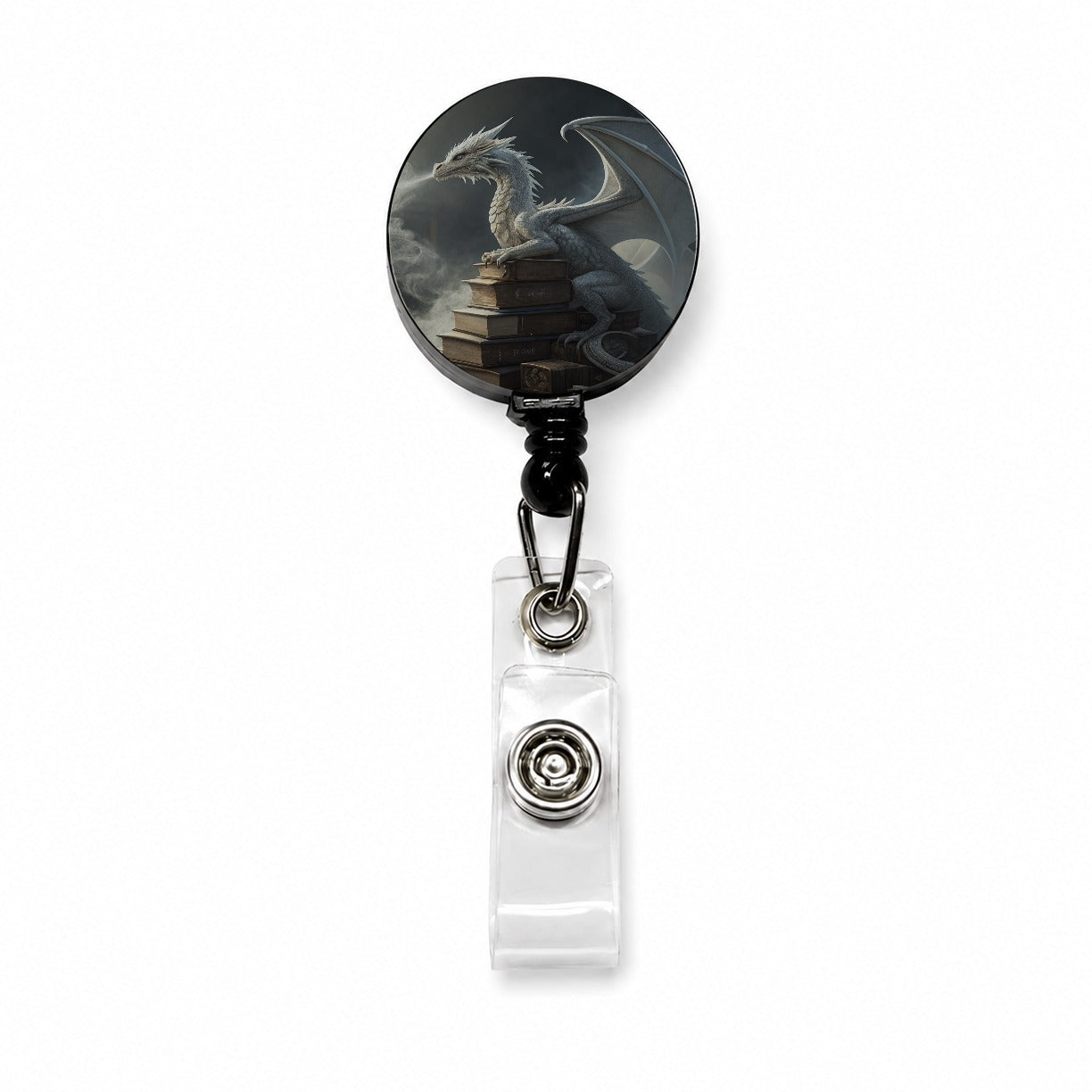 Misty Dragon Sitting On Books Retractable ID Key Card Name Tag Badge Holder with Clip