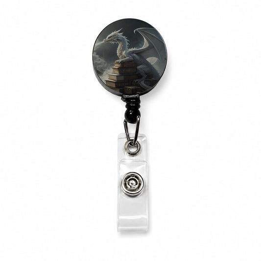 Misty Dragon Sitting On Books Retractable ID Key Card Name Tag Badge Holder with Clip