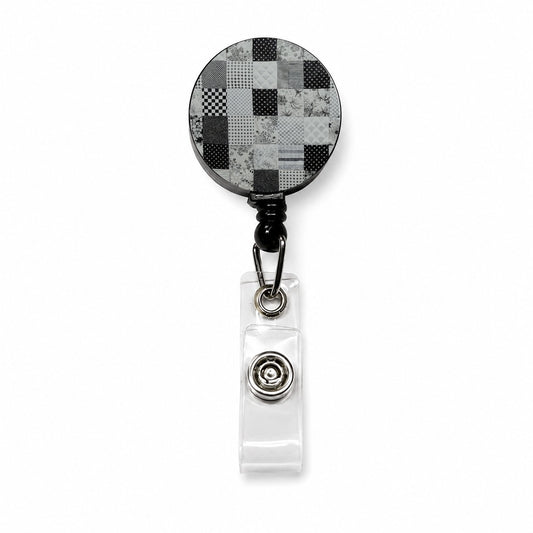 Patchwork Quilt Black White Retractable ID Key Card Name Tag Badge Holder with Clip