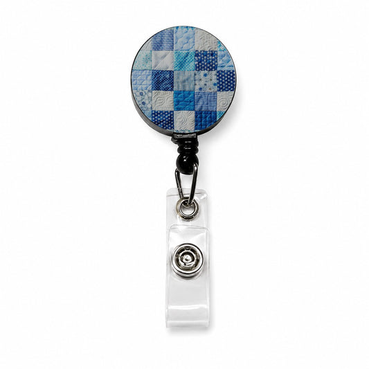 Patchwork Quilt Blue Retractable ID Key Card Name Tag Badge Holder with Clip