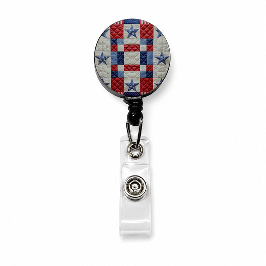 Patchwork Quilt Patriotic Retractable ID Key Card Name Tag Badge Holder with Clip