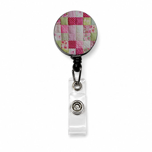 Patchwork Quilt Pink Retractable ID Key Card Name Tag Badge Holder with Clip