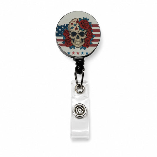 Patriotic Skull American Flag Distressed Retractable ID Key Card Name Tag Badge Holder with Clip