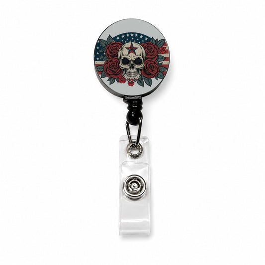 Patriotic Skull USA American Flag Retractable ID Key Card Name Tag Badge Holder with Clip