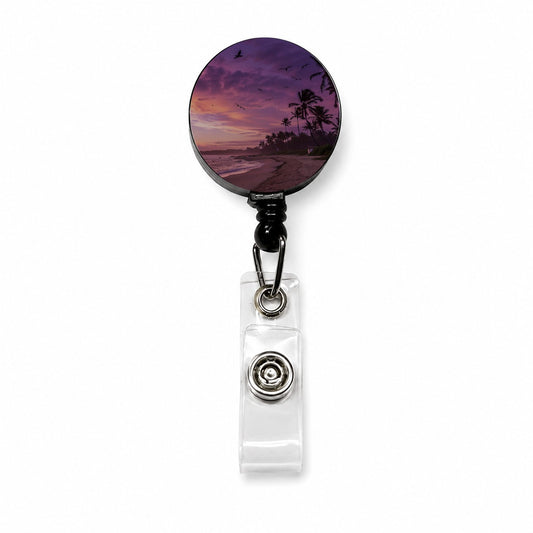 Purple Sunset On Beach Retractable ID Key Card Name Tag Badge Holder with Clip