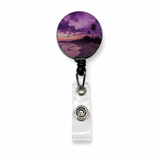 Purple Sunset Seascape Beach Retractable ID Key Card Name Tag Badge Holder with Clip