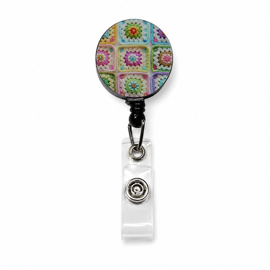 Rainbow Crochet Granny Squares Retractable ID Key Card Name Tag Badge Holder with Clip