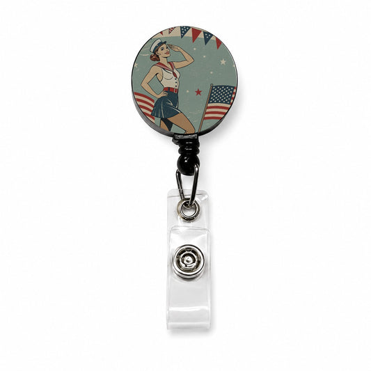 Retro Patriotic Pinup Style USA America Retractable ID Key Card Name Tag Badge Holder with Clip