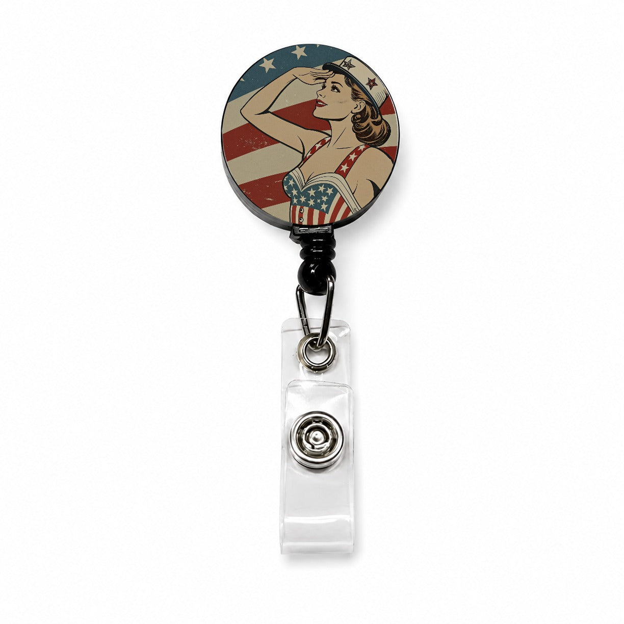 Retro Patriotic Sailor Pinup USA America Retractable ID Key Card Name Tag Badge Holder with Clip