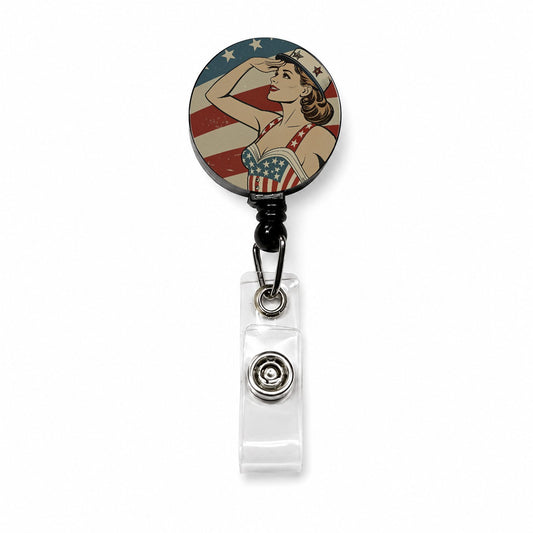 Retro Patriotic Sailor Pinup USA America Retractable ID Key Card Name Tag Badge Holder with Clip