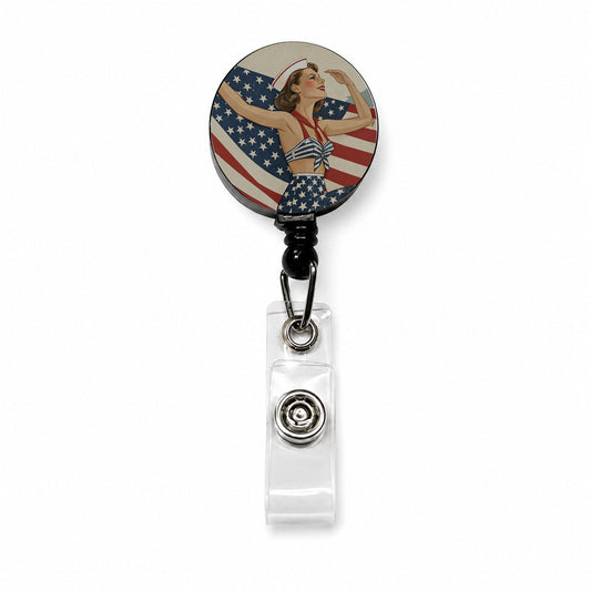 Retro Summer Sailor Pinup USA America Retractable ID Key Card Name Tag Badge Holder with Clip