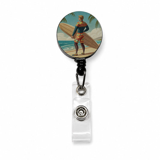 Retro Surfer Beach Scene Retractable ID Key Card Name Tag Badge Holder with Clip