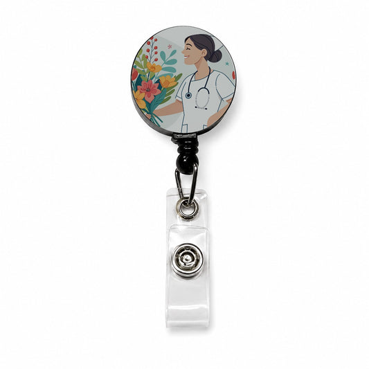 RN LVN Nurse Nursing Flowers Retractable ID Key Card Name Tag Badge Holder with Clip