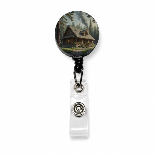Rustic Hunting Lodge Log Cabin Retractable ID Key Card Name Tag Badge Holder with Clip