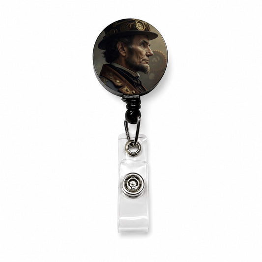 Steampunk Abraham Lincoln Portrait Retractable ID Key Card Name Tag Badge Holder with Clip