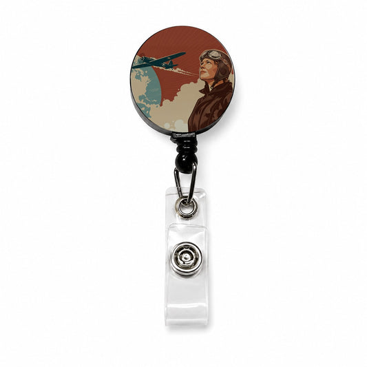 Vintage Amelia Earhart Aviation Travel Retractable ID Key Card Name Tag Badge Holder with Clip