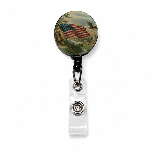 Vintage American Eagle Flag Retractable ID Key Card Name Tag Badge Holder with Clip