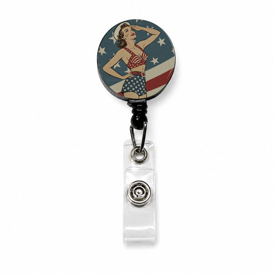 Vintage American Flag Pinup Woman Retractable ID Key Card Name Tag Badge Holder with Clip