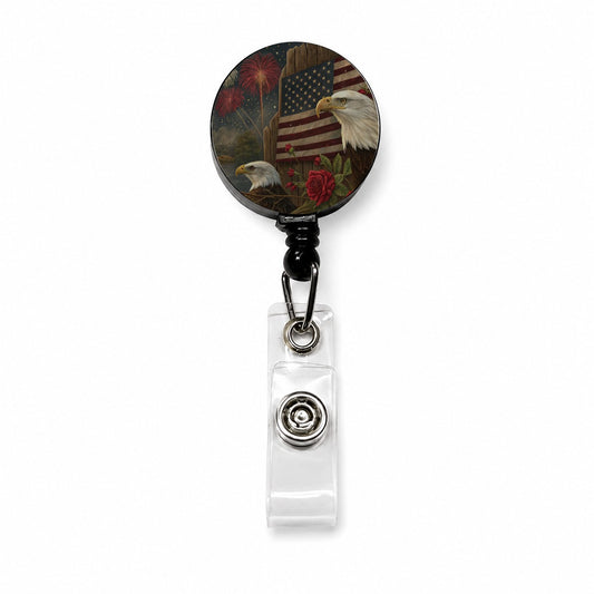Vintage Americana Eagle Collage Patriotic Retractable ID Key Card Name Tag Badge Holder with Clip