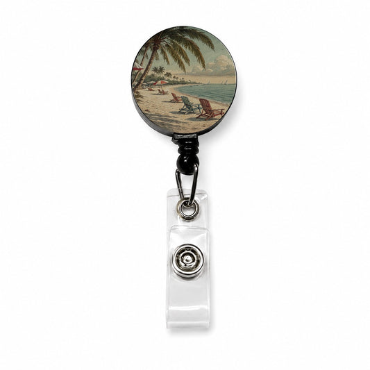 Vintage Beach Scene Holiday Retractable ID Key Card Name Tag Badge Holder with Clip