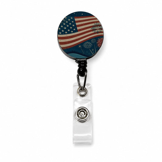 Vintage Patriotic Flag Fireworks Retractable ID Key Card Name Tag Badge Holder with Clip