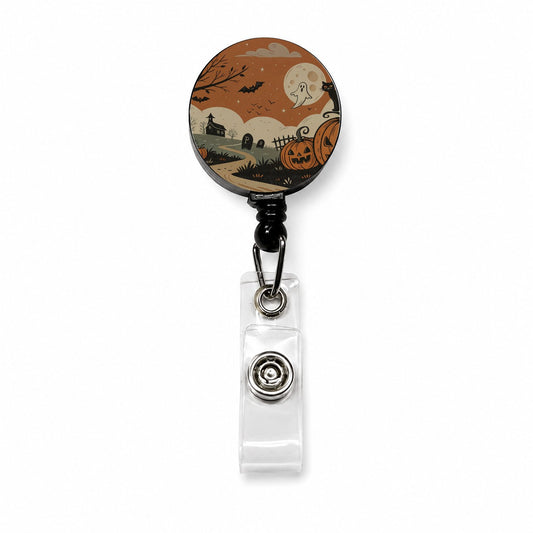 Vintage Pumpkin Halloween Scene Retractable ID Key Card Name Tag Badge Holder with Clip