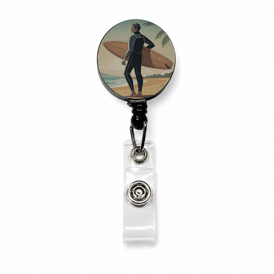Vintage Surfer Beach Scene Retractable ID Key Card Name Tag Badge Holder with Clip