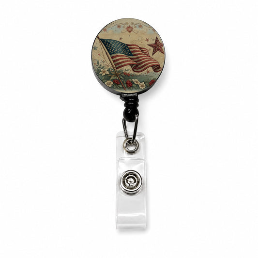 Vintage USA Flag Stars Patriotic Retractable ID Key Card Name Tag Badge Holder with Clip