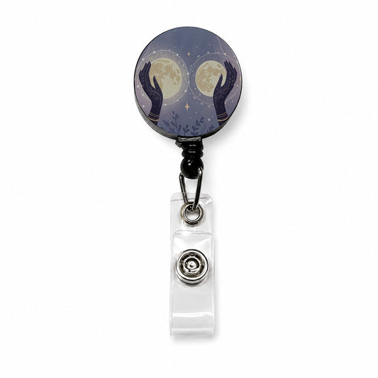 Witchy Celestial Moon Hands Retractable ID Key Card Name Tag Badge Holder with Clip