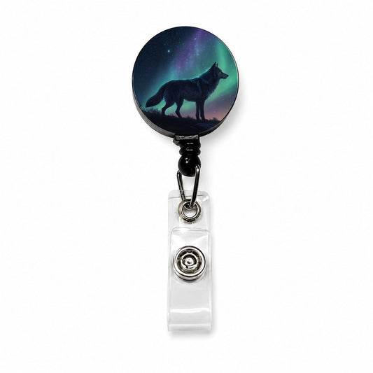 Wolf Beneath Aurora Borealis Retractable ID Key Card Name Tag Badge Holder with Clip