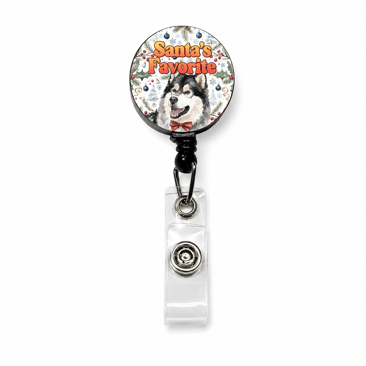 Alaskan Malamute Dog Christmas Santa's Favorite Retractable ID Key Card Name Tag Badge Holder with Clip