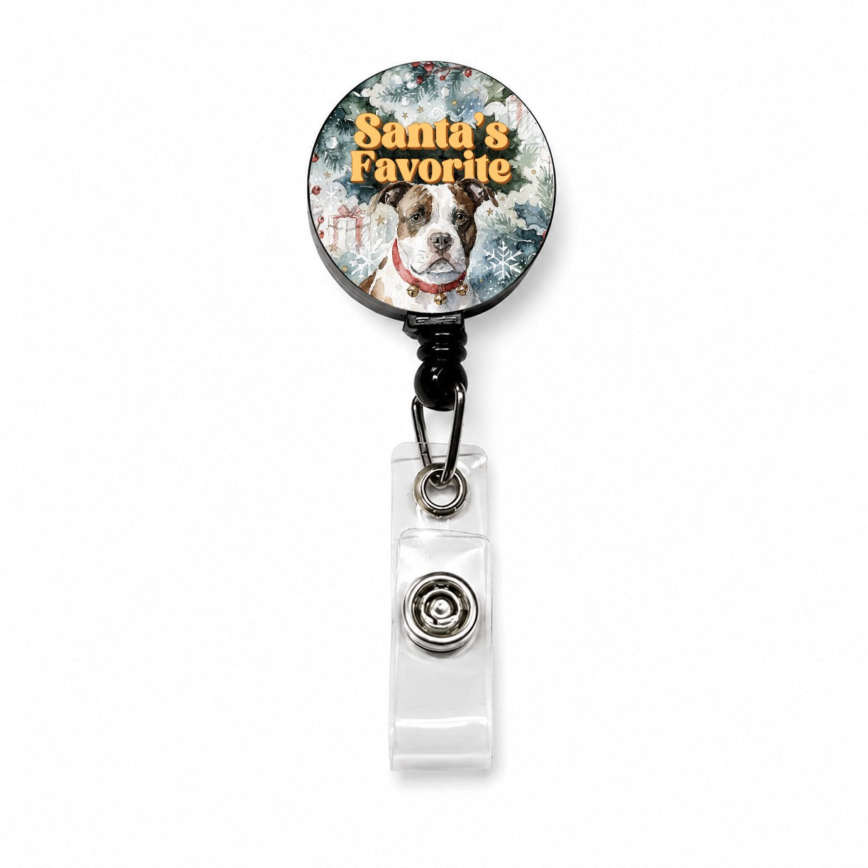 American Staffordshire Terrier Christmas Santa's Favorite Retractable ID Key Card Name Tag Badge Holder with Clip