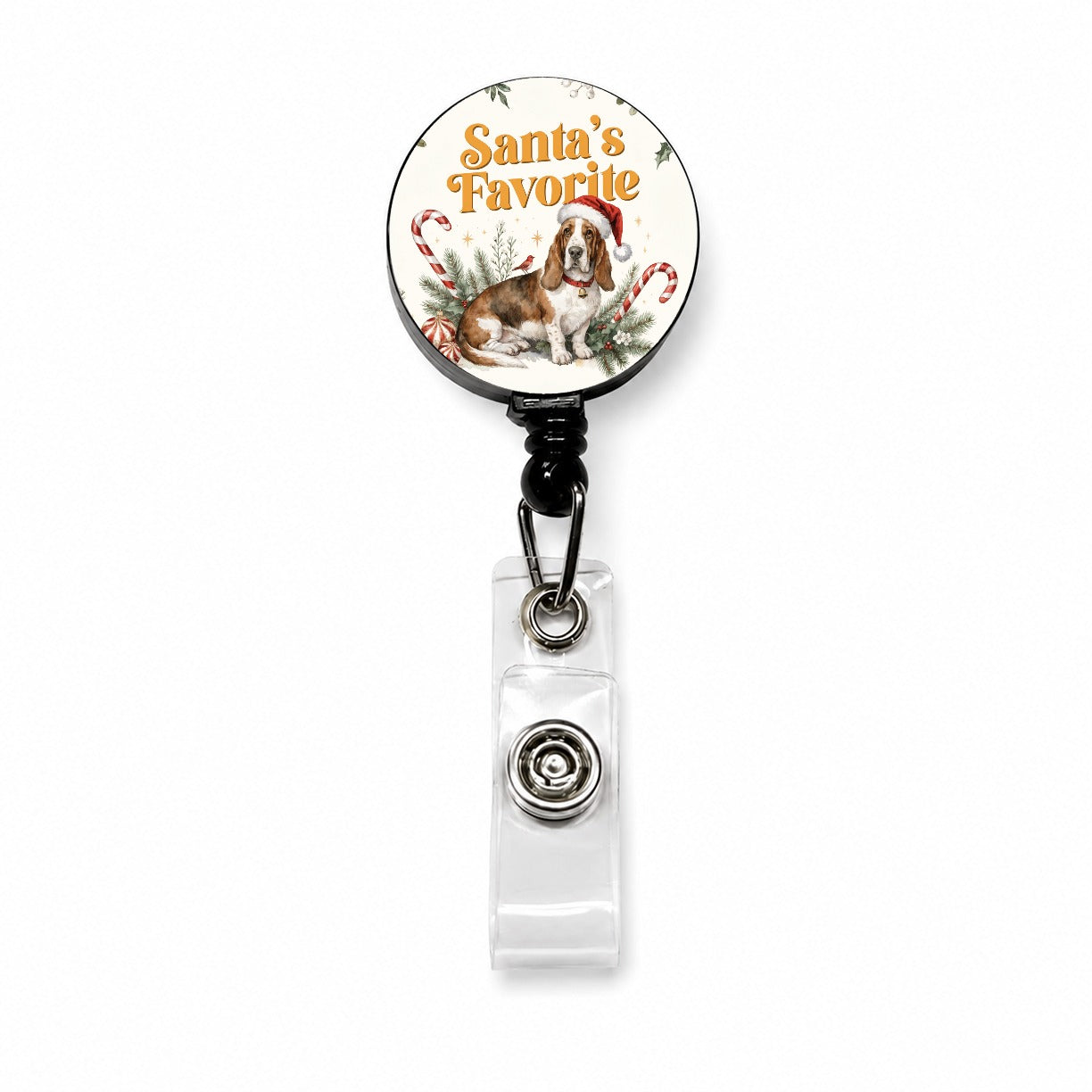 Basset Hound Dog Christmas Santa's Favorite Retractable ID Key Card Name Tag Badge Holder with Clip
