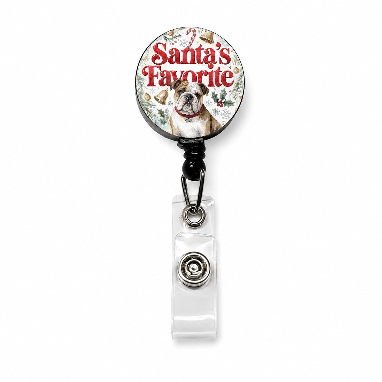 English Bulldog Christmas Santa's Favorite Retractable ID Key Card Name Tag Badge Holder with Clip