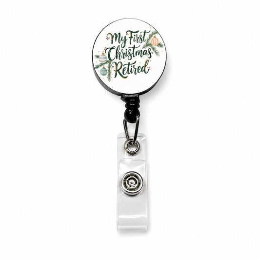 First Christmas Retired Script Retractable ID Key Card Name Tag Badge Holder with Clip