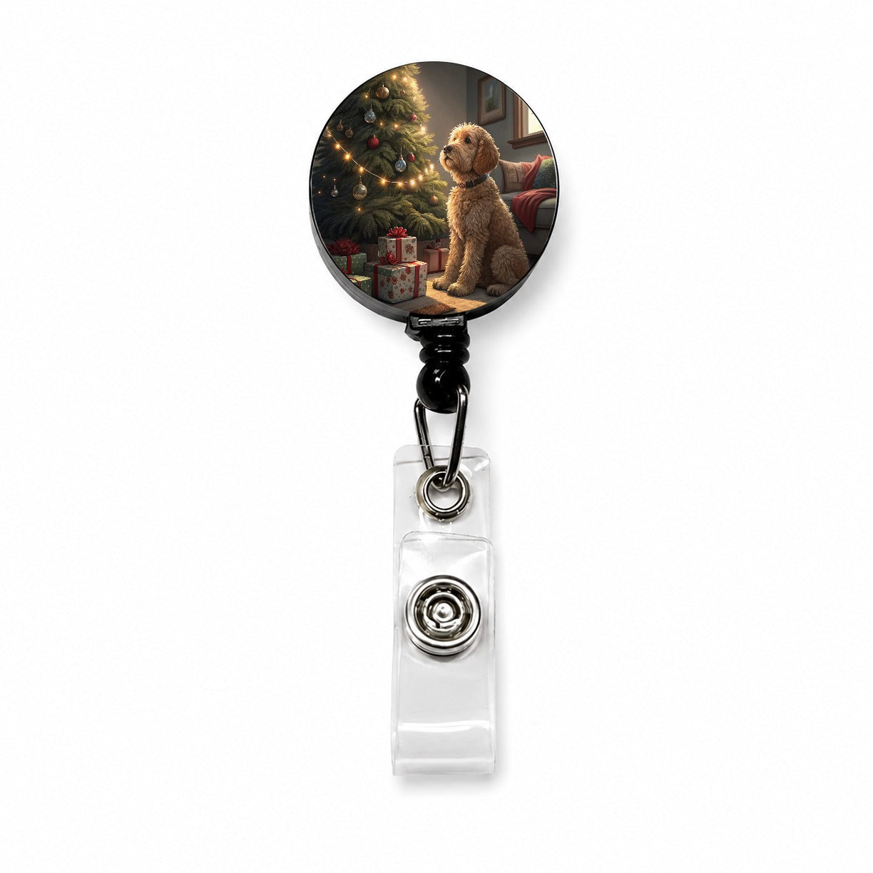 Goldendoodle Sitting Christmas Retractable ID Key Card Name Tag Badge Holder with Clip