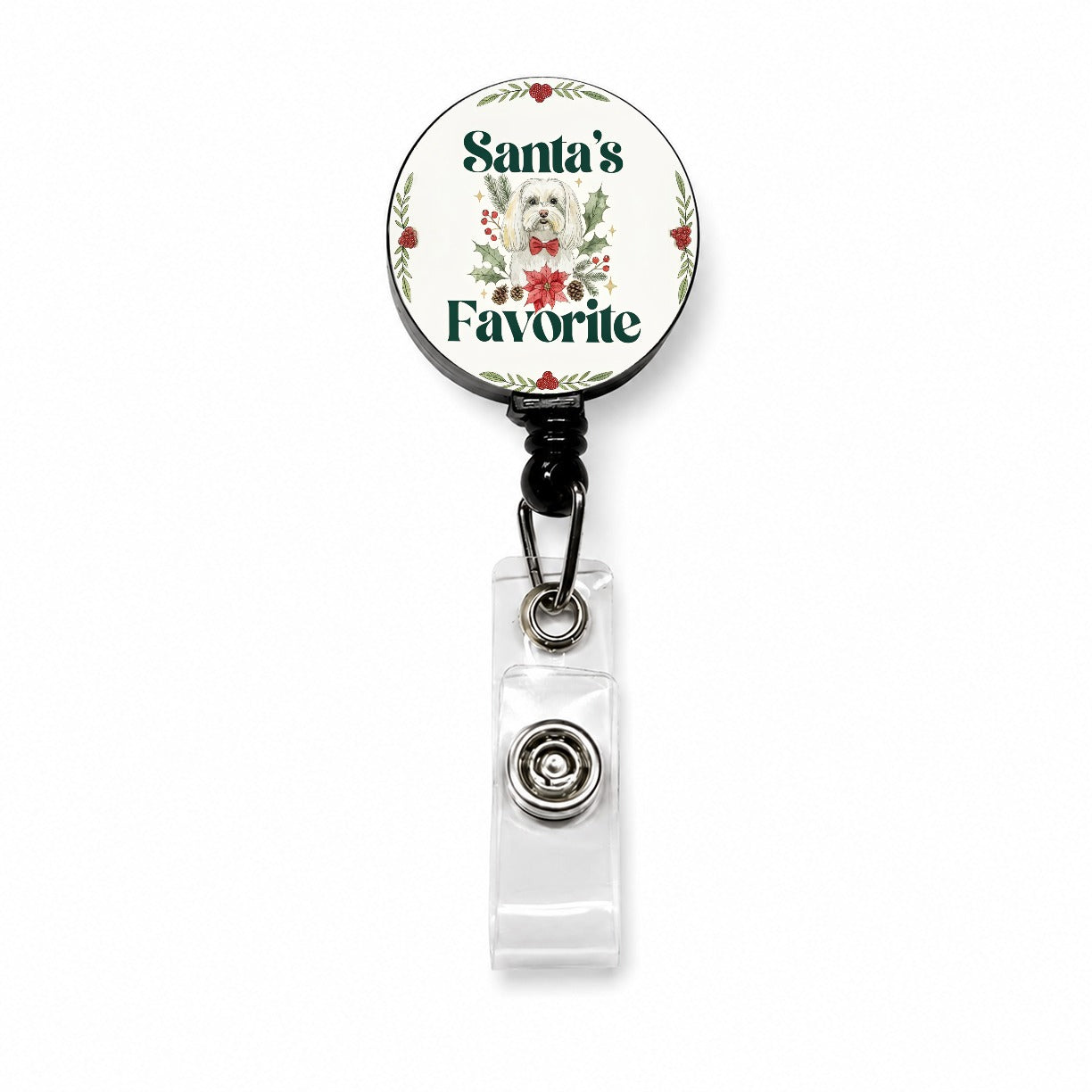 Maltese Dog Christmas Santa's Favorite Retractable ID Key Card Name Tag Badge Holder with Clip