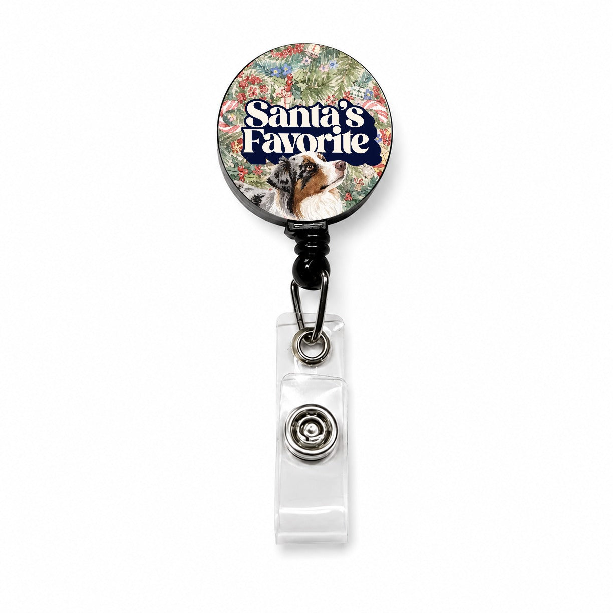 Miniature Australian Shepherd Mini Aussie Dog Christmas Santa's Favorite Retractable ID Key Card Name Tag Badge Holder with Clip