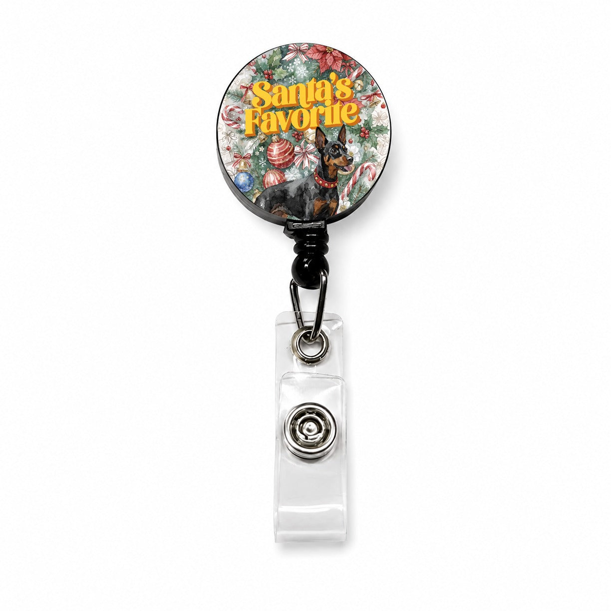 Miniature Pinscher Dog Christmas Santa's Favorite Retractable ID Key Card Name Tag Badge Holder with Clip