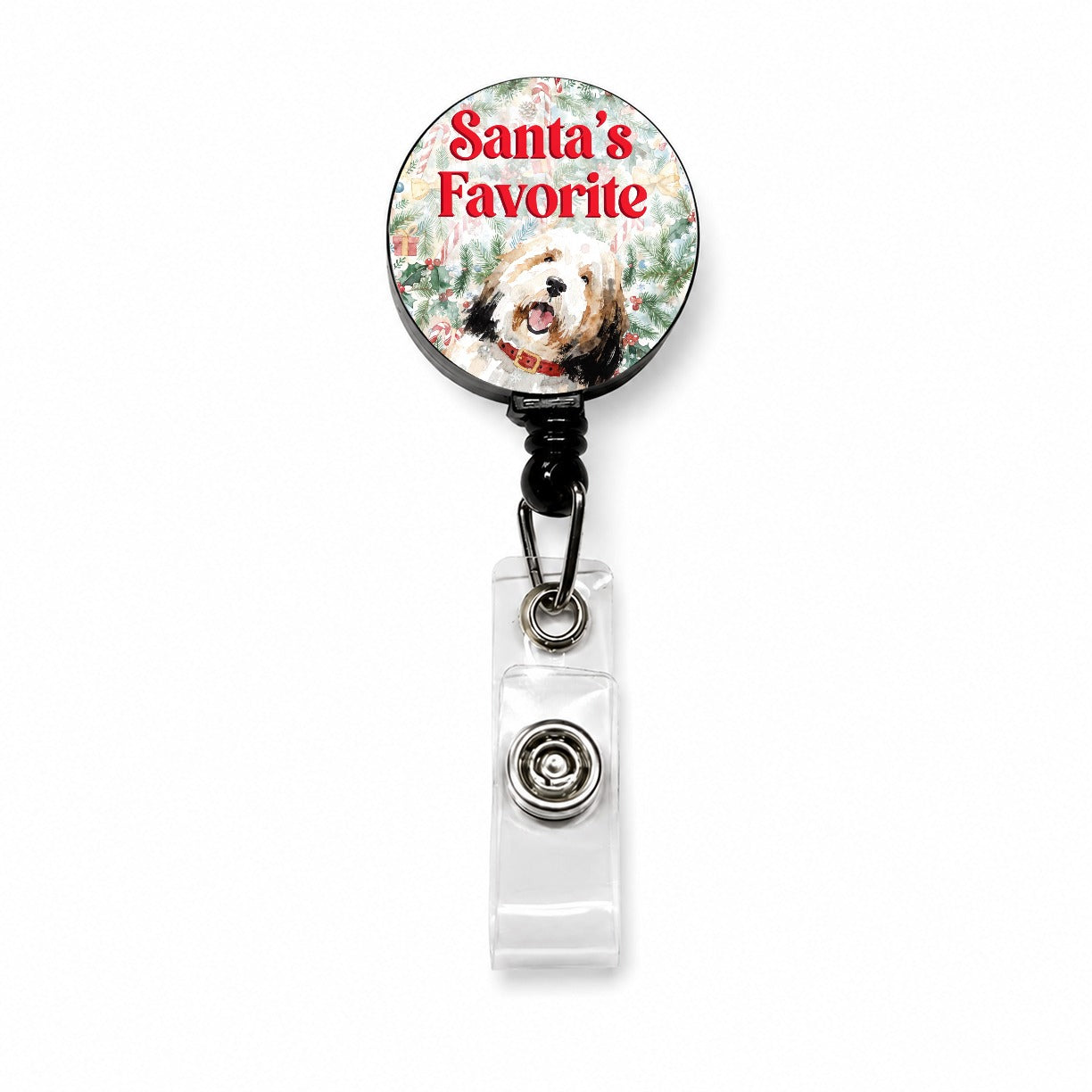 Old English Sheepdog Christmas Santa's Favorite Retractable ID Key Card Name Tag Badge Holder with Clip