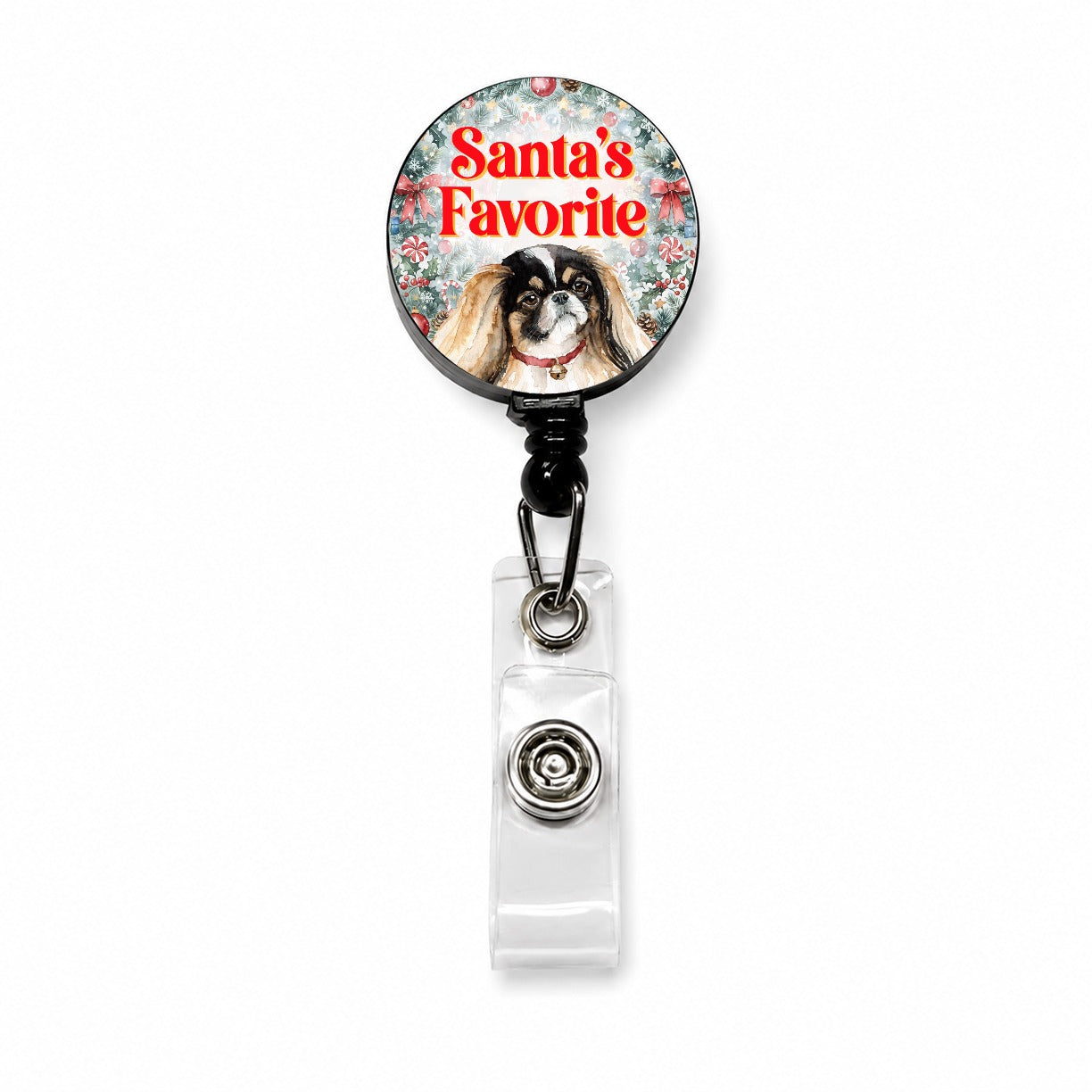 Pekingese Dog Christmas Santa's Favorite Retractable ID Key Card Name Tag Badge Holder with Clip