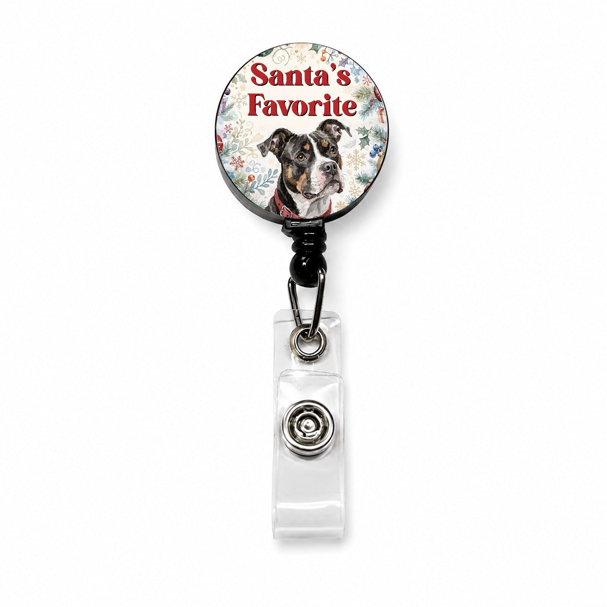 Pit Bull Mix Dog Christmas Santa's Favorite Retractable ID Key Card Name Tag Badge Holder with Clip