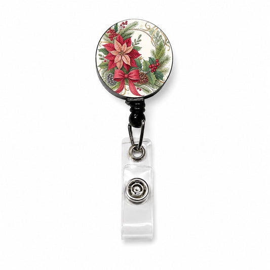 Poinsettias Holly Berries Christmas Retractable ID Key Card Name Tag Badge Holder with Clip