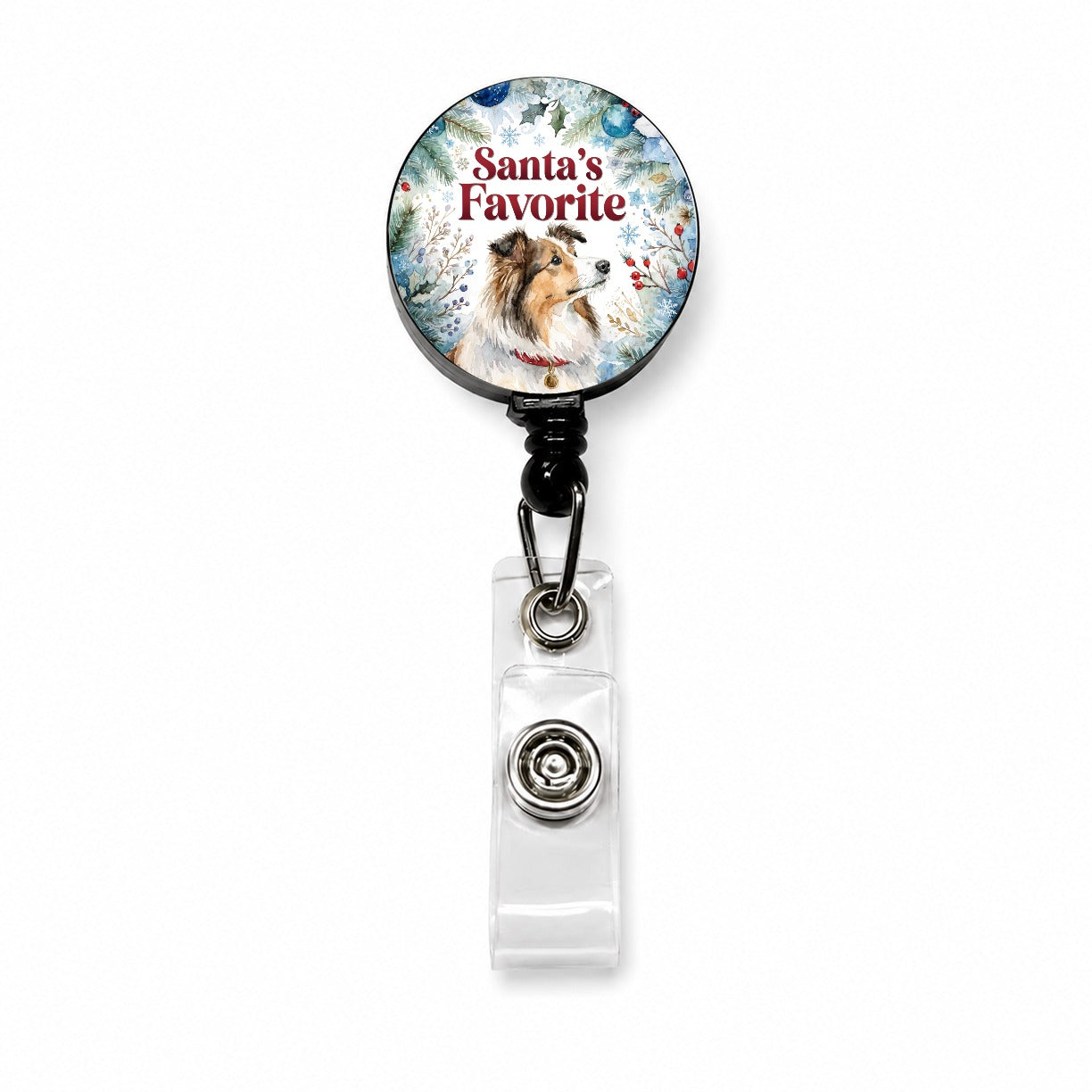 Shetland Sheepdog Christmas Santa's Favorite Retractable ID Key Card Name Tag Badge Holder with Clip