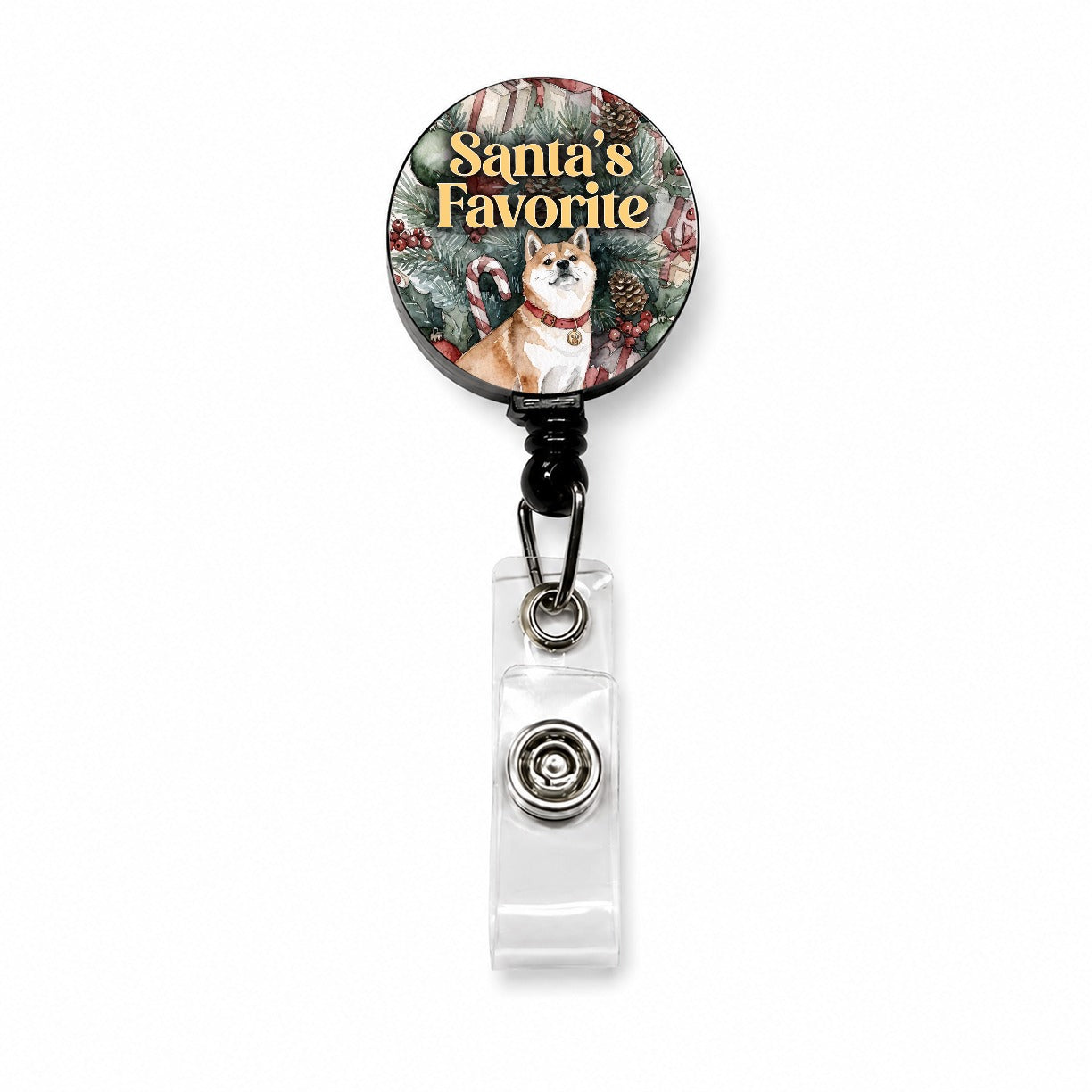 Shiba Inu Dog Christmas Santa's Favorite Retractable ID Key Card Name Tag Badge Holder with Clip